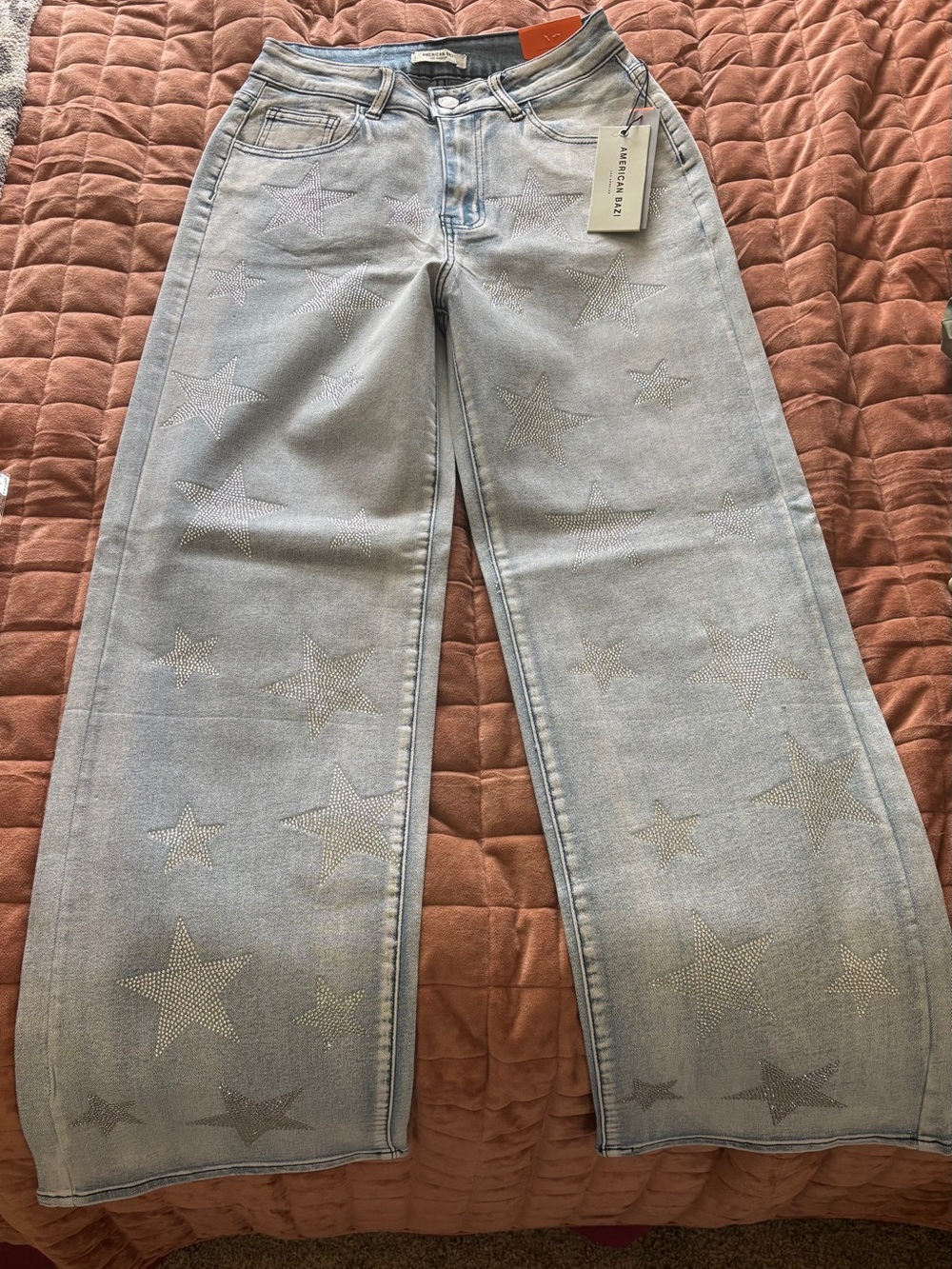 American Bazi Light Blue Star-Embellished Wide Leg Jeans